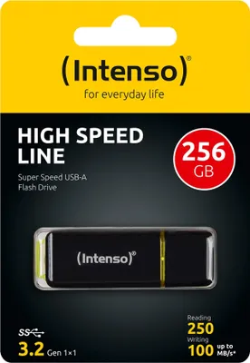 Obrázok produktu pre Intenso High Speed Line, 256 GB, USB Typ-A, 3.2 Gen 1 (3.1 Gen 1), 250 MB/s, Čiapky, Čierna, Žltá