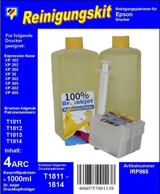 Produktbild von IRP865 -T18 - Dr.Inkjet Druckkopfreinigungspatronen Clean-Multipack mit 1000ml Dr. Inkjet Druckkopfreiniger - einsetzbar für T18 & T18XL (T1811, 1812, T1813, T1814)