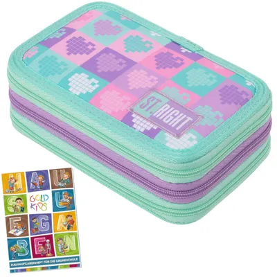 Produktbild von Goldkids - Federmäppchen 3 Fächer - Mäppchen für Mädchen und Jungen - Federmappe 3-Fach Federtasche Gefüllte und Hausaufgabenheft - Herzen