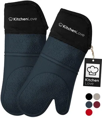 Image de Unyqoos® KitchenLove : Lot de 2 gants de cuisine en silicone, résistants à la chaleur jusqu'à 350 °C, s EN407, manche long, couleur bleu pétrole