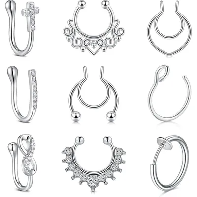Obrázok produktu pre Falošný nosový piercing, septum, klip, nosový prsteň, kruh, 9 kusov, strieborná farba, chirurgická oceľ, priemer 8-10 mm