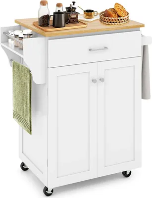 Immagine prodotto di Carrello da cucina - Carrello di servizio - Su ruote - Con cassetto - Scaffale per spezie - Portasciugamani - Struttura in bambù - Legno - Bianco