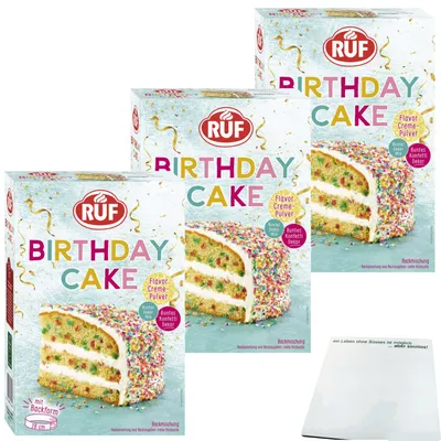 Produktbild von Ruf Birthday Cake Backmischung für Geburtstagskuchen 3er Pack (3x425g Packung) + usy Block