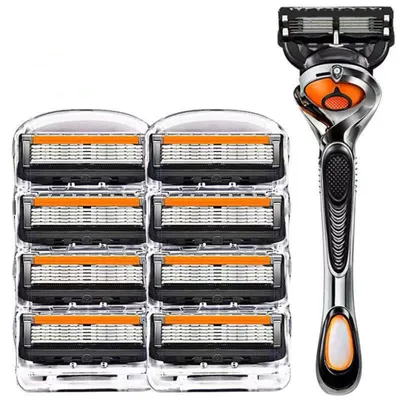 Produktbild von 5-lagiges manuelles Einwegrasierer-Set, Griff aus Edelstahl,Mit Rasierbox Waschbare für die Bart- und Schnurrbartpflege, 8er-Pack Rasierklingen