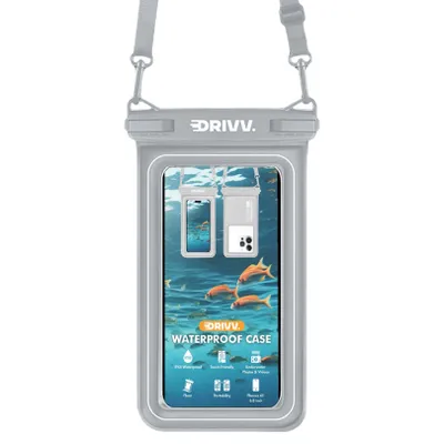 Produktbild von Drivv. Wasserdichte Handyhülle – Schwimmfähig – Doppel-Clip-Verschluss – Handys bis zu 6,8 Zoll – Unterwasser-Handyhülle – Grau
