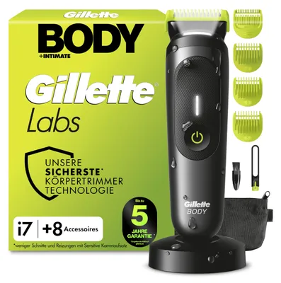 Produktbild von Gillette Labs i7 Body + Intimate Trimmer Herren, Schwarz/Grün Intimrasierer Mann für Körper, Intimbereich mit SkinFirst-Technologie, Wasserdichte, Inkl. 8 Zubehörteile – Größe 1 + 8 Zubehörteile