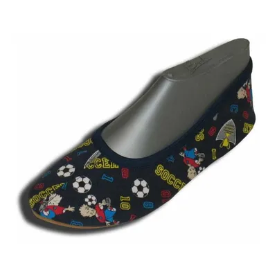 A single blue slipper with a soccer-themed pattern is displayed on a white background.