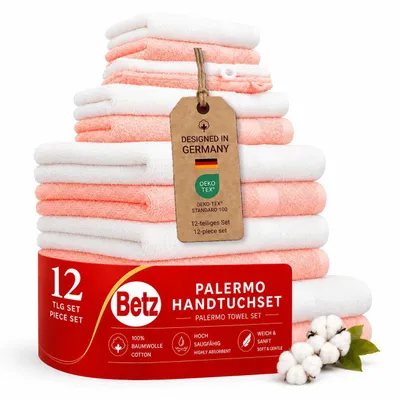 Produktbild von Betz 12-TLG. Handtuch-Set Palermo 100% Baumwolle 2 Liegetücher 4 Handtücher 2 Gästetücher 2 Seiftücher 2 Waschhandschuhe Farbe apricot und weiß