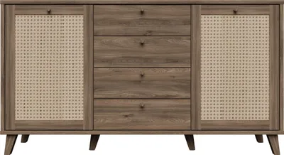 Produktbild von Forte GLENKEEN Sideboard 160, Sideboard im Boho-Stil mit Rattangeflecht, 4 Schubladen, 2-türig, Holzwerkstoff, Valencia Eiche Holzdekor| Naturrattan, 159,2 cm breit x 87,2 cm hoch x 42 cm tief
