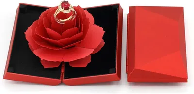 Imagen del producto de Caja para anillos tipo "pop-up" con forma de rosa, 13 x 7,3 x 2,5 cm, ideal para anillos de compromiso