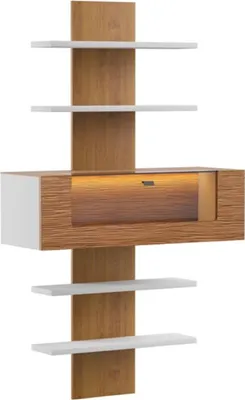 Luxus Massivholz Wohnzimmer Wandregal mit beleuchteter Vitrine Braun Weiß Luxury Solid Wood Living Room Wall Shelf with Illuminated Showcase Brown White