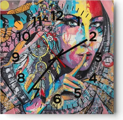 Produktbild von Wanduhr - Quadrat - Glasuhr - frau folklore - 40x40cm - Schleichendes Uhrwerk - Lautlos - zum Aufhängen bereit - Dekoration Modern - Wanddekoration aus Glas - C4AC40x40-3427