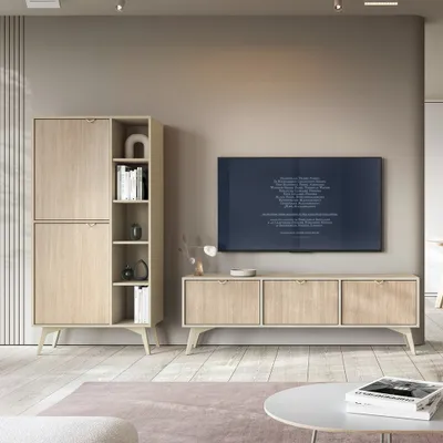 Produktbild von Wohnwand beige, Fronten mit Fischgrätenmuster, FAREHAM-160, 2-teilig