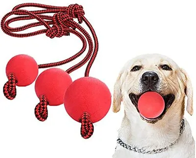 Produktbild von 3-teiliges Hundespielball-Set, Wurfball aus Naturkautschuk mit Seil, Schleuderball für Hunde