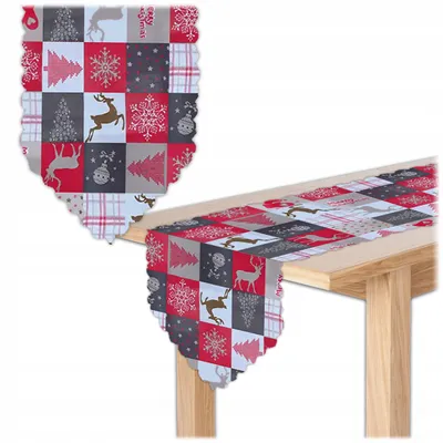 Immagine prodotto di KRUMAD runner da tavola 180×35 cm - Runner da tavola grigio-rosso-bianco con renne e fiocchi di neve - Elegante decorazione natalizia per la tavola da pranzo