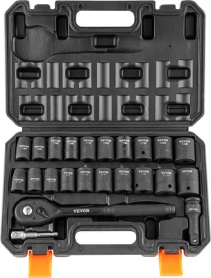 Immagine prodotto di Set di bussole a impatto da 1/2", set di bussole da 23 pezzi SAE (7/16" -1") e metriche (13-24 mm) a 6 punte in lega di acciaio Cr-V per riparazioni auto con manico a cricchetto e custodia robusta