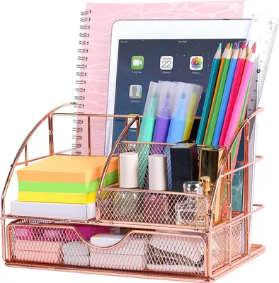 Produktbild von Kinder Schreibtisch Organizer Tischorganizer mit Stiftablagen/Stifthalter und Schublade Utensilienschalen aus Metall Netz