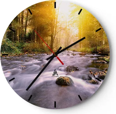 Produktbild von Wanduhr - Rund - Glasuhr - Herbst Wald Berg Fluss - 30x30cm - Schleichendes Uhrwerk - Lautlos - zum Aufhängen bereit - Dekoration Modern - Wanddekoration aus Glas - C3AR30x30-0504