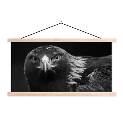 Produktbild von MuchoWow® Textilposter Bussard - Vogel - Tiere - Schwarz - Weiß 60x30 cm mit holzfarbenen Rahmen - Dekoration