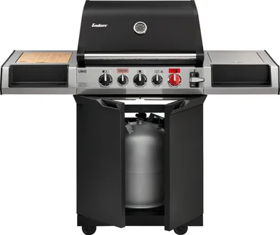 A gas grill with a propane tank visible inside the cabinet.