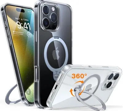 Image de TORRAS 360° Ostand Spin iPhone 16 Pro Max Coque Magsafe Protection militaire Diamant-Clair Anti-jaunissement Transparent Case