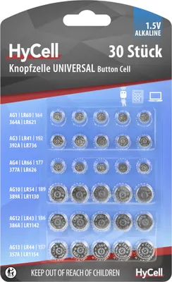 A package of 30 HyCell universal button cell batteries.