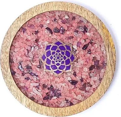 Immagine prodotto di Sottobicchiere in legno di loto, quarzo rosa e ametista, confezione da 2 pezzi, 10 cm
