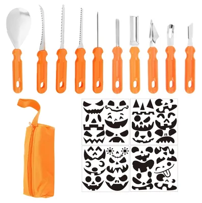 Produktbild von 10-teiliges Kürbisschnitzset mit Schablonen für Halloween