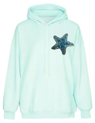 Produktbild von Damen Strickhoodie mit Kapuze, Kängurutasche und lässigem Schnitt, blau, Größe M