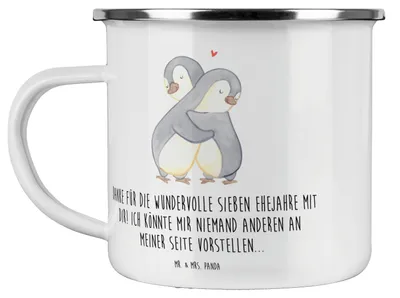 Produktbild von Mr. & Mrs. Panda Teetasse 7. Hochzeitstag Kupferhochzeit - Weiß - Geschenk, Ehejubiläum, Emailletasse, Jubiläum feiern, Heiraten, Teebecher, Emaille Tasse, Haferl, Pott