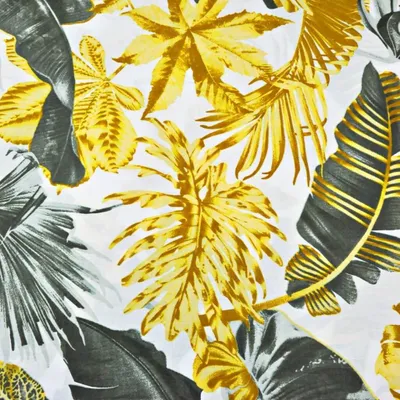 Produktbild von Baumwolle 100% große Blätter grau-olivgold auf weißem Hintergrund - 220cm