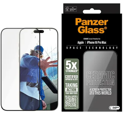 Produktbild von PanzerGlass ® Ceramic Displayschutz iPhone 16 Pro Max | Ultra-Wide Fit m. EasyAligner, Apple, Apple - iPhone 16 Pro Max, Trockene Anwendung, Kratzresistent, Schockresistent, Transparent, 1 Stück(e)