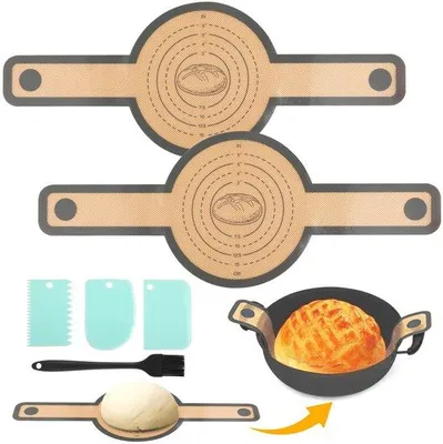 Zdjęcie produktu dla Maty silikonowe do garnków typu Dutch Oven, nieprzywierające, wielokrotnego użytku, z uchwytami, pędzelkiem do pieczenia i łopatką do ciasta, nadają się do piekarnika