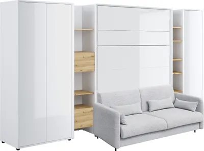 Produktbild von Schrankbett mit sofa Bed Concept 140x200 cm Lenart Led Beleuchtung Taschenfederkernmatratze Bett im Schrank Klapbett Weiß/Weiß Hochglanz/Grau