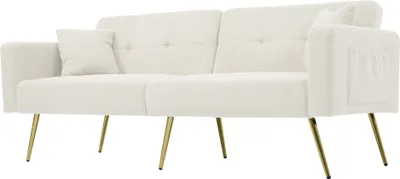 Produktbild von Schlafsofa 175x64cm mit Bettfunktion Tagesbett Daybett Verstellbarem Winkel Goldenen Beinen Mit Kissen und seitlichen Aufbewahrungstaschen Samt Weiß