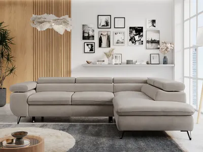 Produktbild von Ecksofa Sofa Beige, Wohnlandschaft L-Form mit Schlaffunktion und Bettkasten, Schlafsofa mit Bettkasten, Sofa mit Einstellbare Kopfstützen, Peter L - Beige Velvet - Rechts Beige