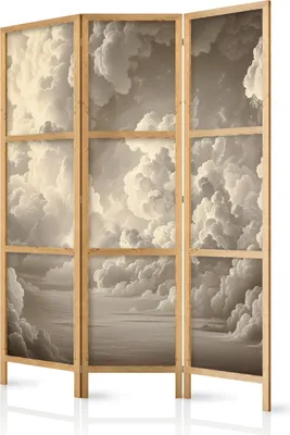 A three-panel room divider with a cloud motif.