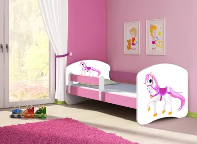 Image de ACMA lit d'adolescent lit d'enfant lit junior set complet avec matelas sommier à lattes et protection antichute rose 43 petit cheval 140x70