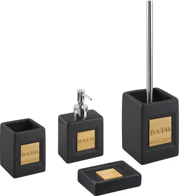 Produktbild von BELIANI Badezimmer Set Schwarz / Heller Holzfarbton 4-teilig aus Dolomit mit Aufschrift Seifenschale Seifenspender Zahnbürstenhalter Toilettenbürste