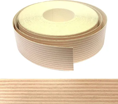 A roll of wood veneer edge banding with a multiplex bicolor decor, shown from the side and a close-up of the pattern.