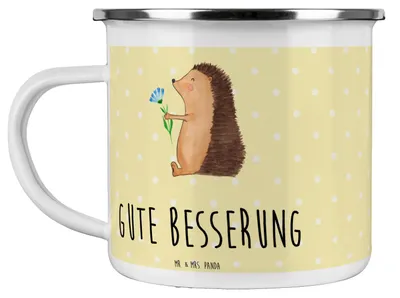 Produktbild von Mr. & Mrs. Panda Haferl Igel Blumen - Gelb Pastell - Geschenk, Emaille Becher, Pott, Gute Besserung, Genesungswünsche, krank, Tasse, Besuch, Lustige Sprüche, Teetasse