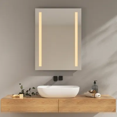 A modern bathroom vanity with a vessel sink and a lighted mirror.