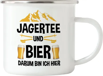 Produktbild von Jagertee und Bier Darum bin ich hier Emaille Tasse Skifahren Snowboard Lustig Apres Ski Skilehrer