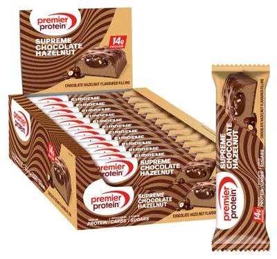 Produktbild von Premier Protein Supreme Bar Chocolate Hazelnut 12x42g Low Sugar palmölfrei