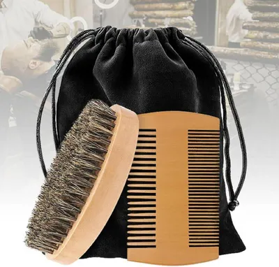 Produktbild von Bartkamm Bartbürste Set Wildschweinborsten Bartpflege Männer Beard Comb-Schwarz