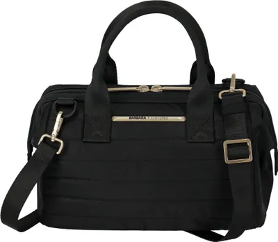 A black cosmetic bag with handles and a shoulder strap, shown against a white background.