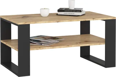 A modern coffee table with a wood-look top and black metal legs, shown against a white background.