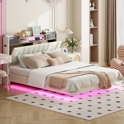A modern bedroom setup with a bed, nightstand, and bookshelf.