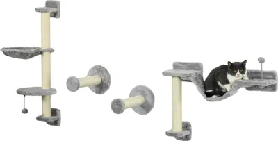 Obrázek produktu pro Nástěnný prolézačkový strom pro kočky - Se škrabadly - 4 úrovně - Houpací síť s míčem - Dřevo - 84,5 × 19 × 54 cm - Šedý