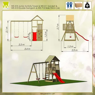 Obrázok produktu pre Wendi Toys drevená hracia veža Salamander vrátane šmykľavky, lezeckej steny a 2 hojdačiek prírodná 290x340x270 cm